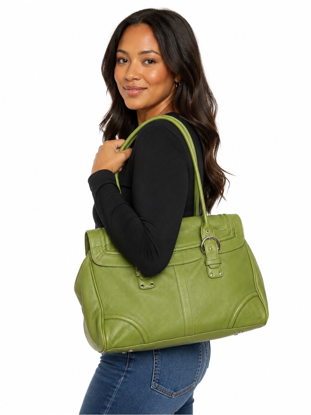 Olive Green Pebbled Leather Tote with Buckle Straps